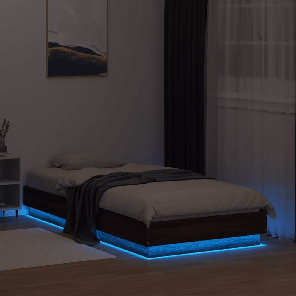 Berkfield Home Small Single Bed Frame with LED Lights and USB Charging Port in Brown Oak – 4