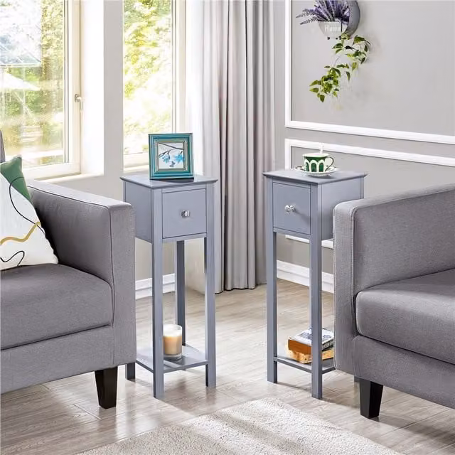 Yaheetech Set of 2 Slim Bedside Tables in Grey