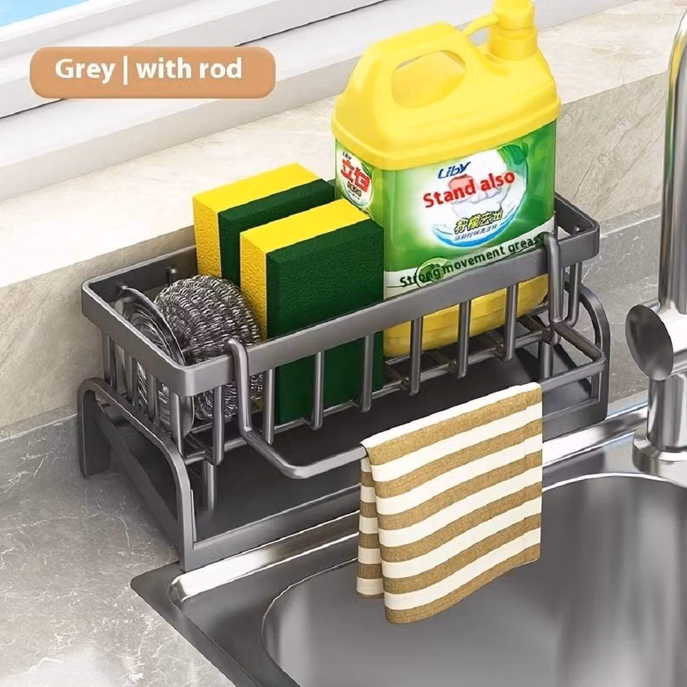 SPETLEK Kitchen Sink Caddy with Towel Rail and Sponge Holder in Grey – 3