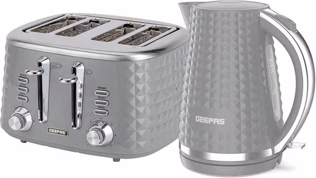 Geepas Grey Stainless Steel Kettle and 4 Slice Toaster Set