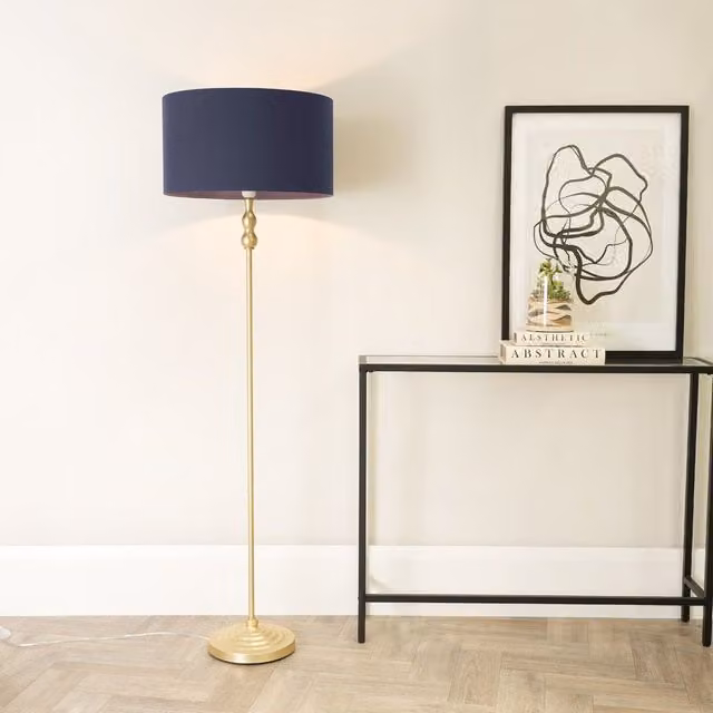 ValueLights Maggie Gold Metal Candlestick Floor Lamp with Blue Fabric Cylinder Shade