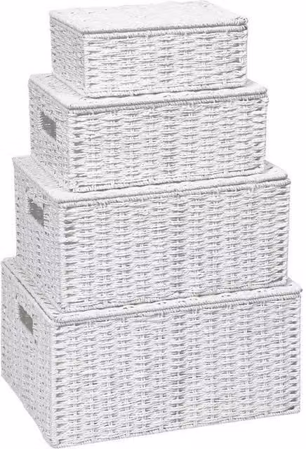 Arpan White Wicker Storage Basket Hamper Set of 4 with Lids and Insert Handles