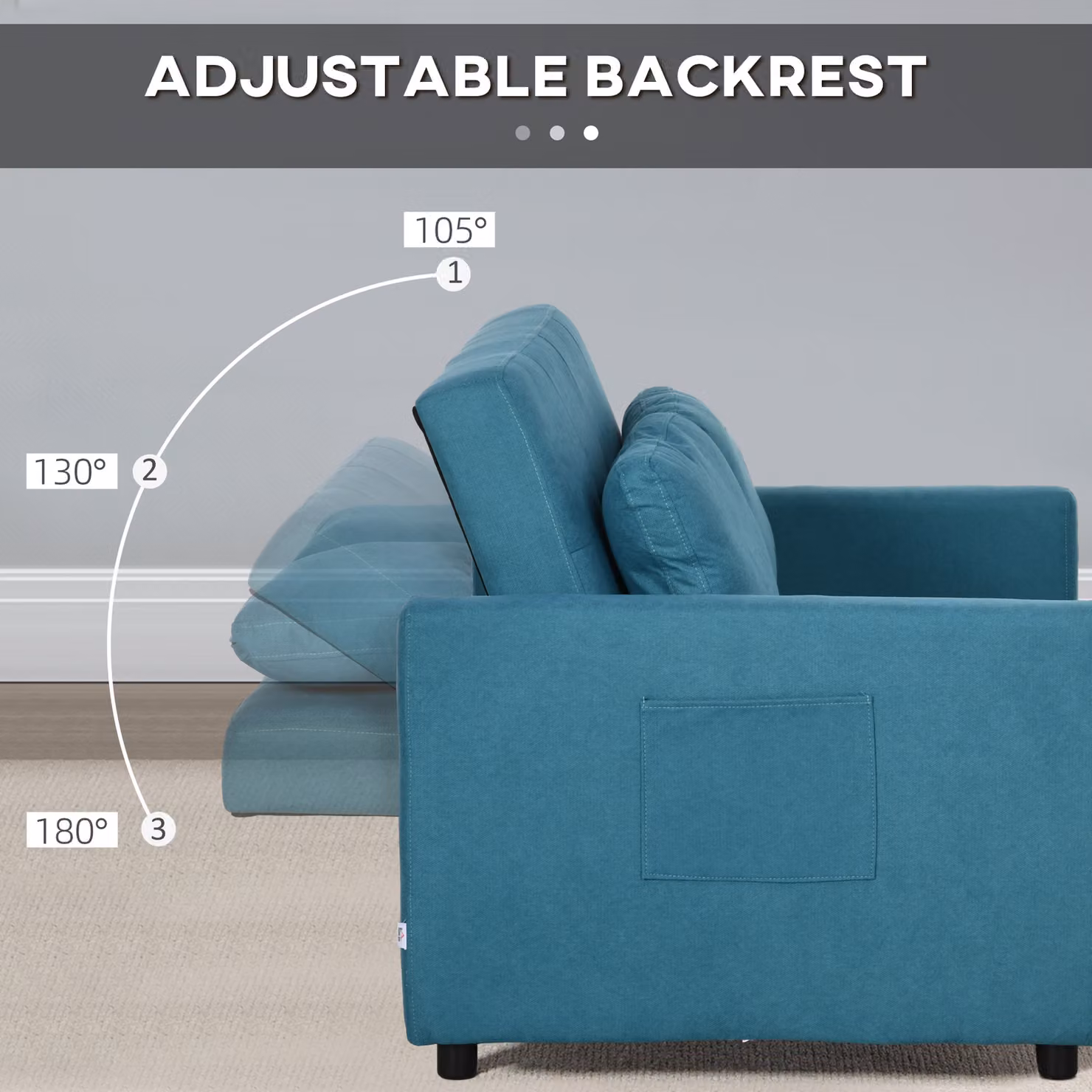 HOMCOM Blue Fabric Loveseat Sofa Bed with 2 Scatter Cushions and Side Pockets – 5