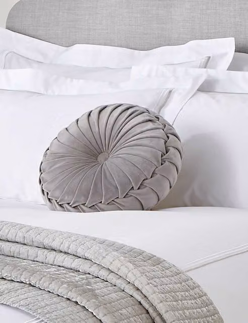 Laura Ashley Rosanna Round Pleated Velvet Cushion in Grey