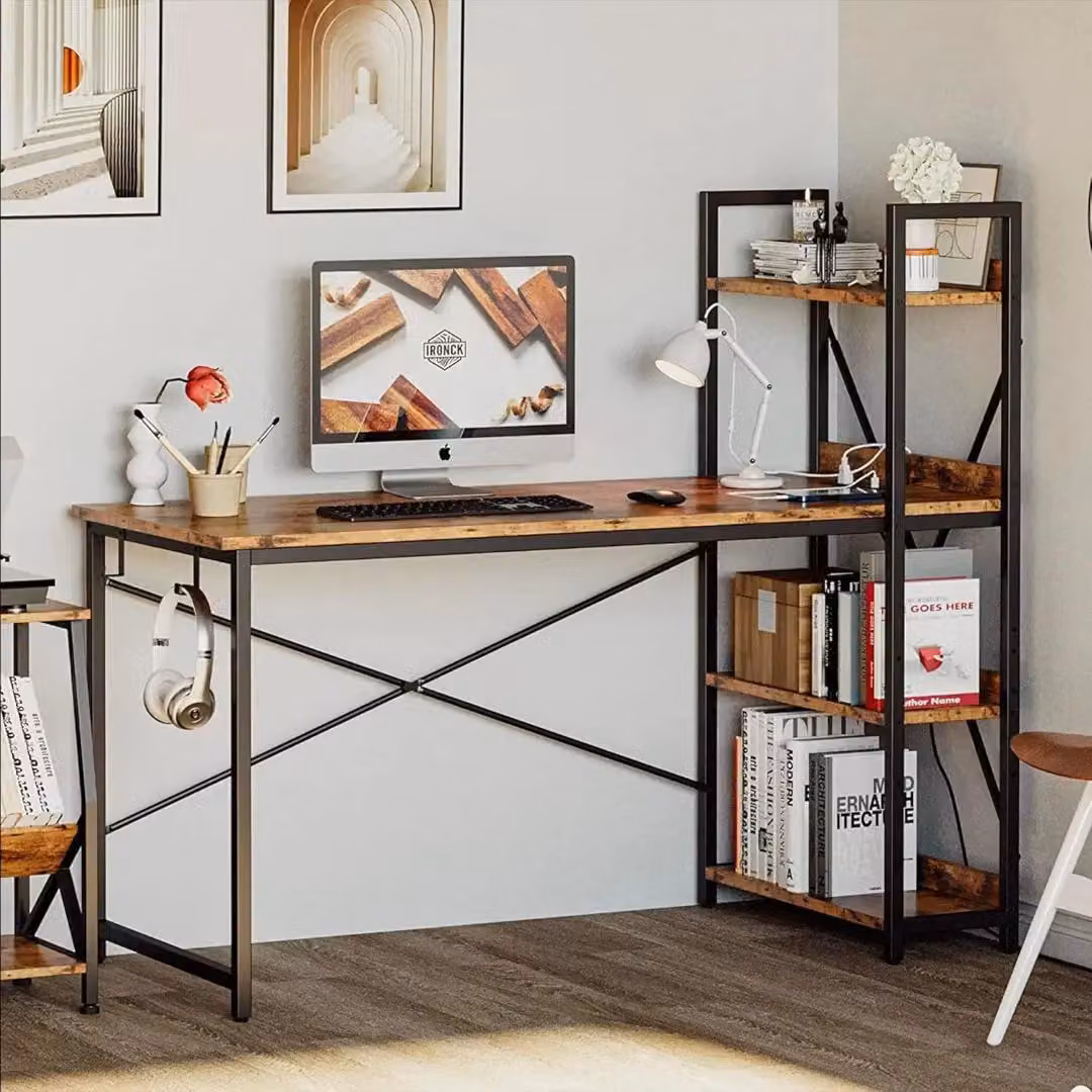 Hygrad Industrial 4 Tier Wooden Computer Desk with UK Sockets and USB Ports, Brown, W: 121.0 cm, D: 60.0 cm, H: 18.0 cm – 5