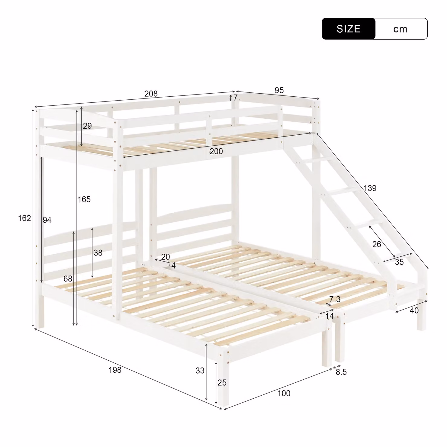 Matteo White Double Bunk Bed Triple Sleeper with Angled Side Ladder for Children and Teens – 2