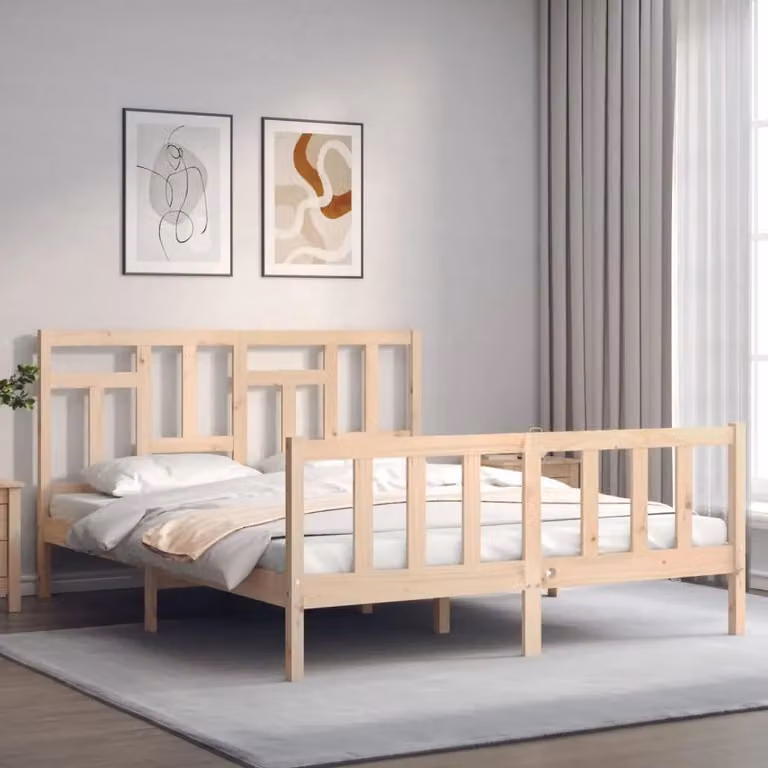 Berkfield Home Solid Wood Bed Frame with Headboard in Brown, W/D/H: 160 x 200 cm