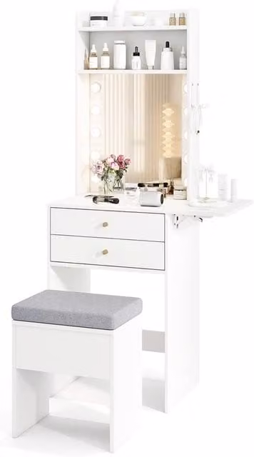 Gymax Small Makeup Vanity Desk and Dressing Table Set with Hollywood LED Lights and Storage Stool in White