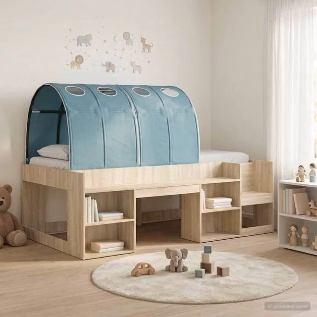 Berkfield Home 3-Piece Childrens Bed Frame with Tunnel in Sonoma Oak and Light Blue