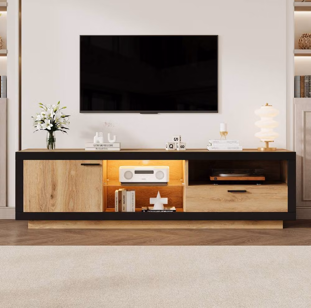 STILVORA Modern TV Stand with Drawer, Cabinet and LED Lights in Brown, W/D/H: 160 x 40 x 50 cm – 2