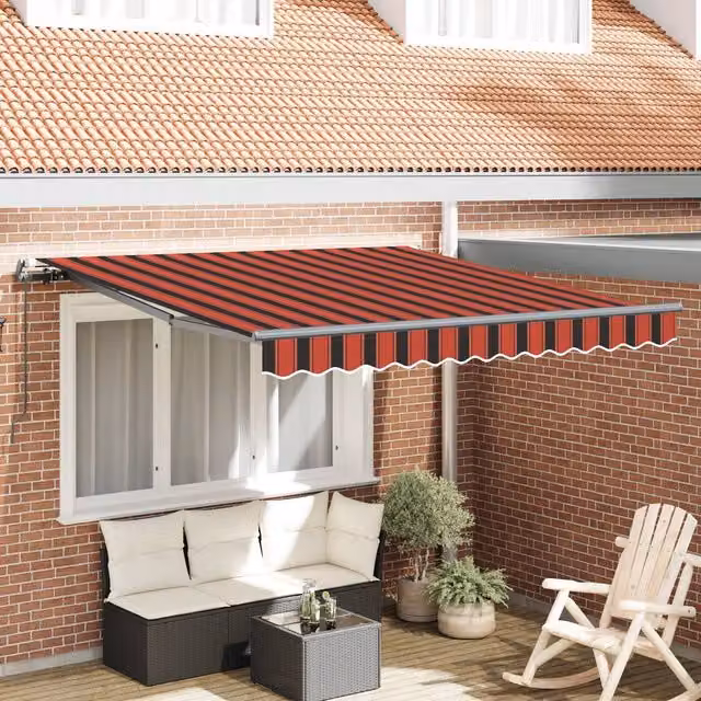 Berkfield Home Manual Retractable Folding Arm Awning in Orange and Brown Striped Polyester, W: 300 cm, D: 250 cm – 1