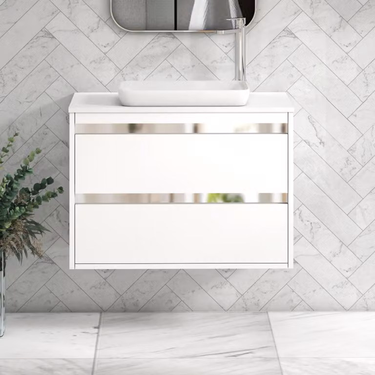 Royal Bathrooms Orion 800mm Matt White Wall Hung 2 Drawer Vanity Unit with Qubix Basin and Chrome Accent Trim
