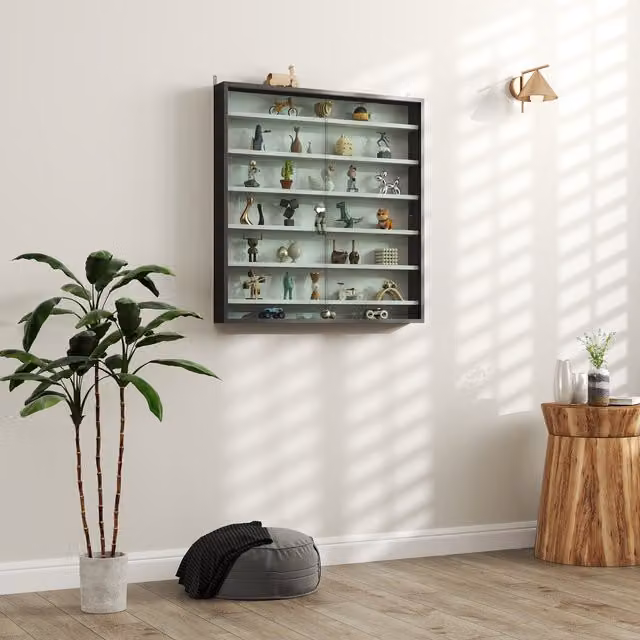 HOMCOM 7 Tier Wall Mounted Display Cabinet with Glass Doors in Black