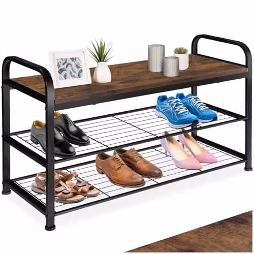 tectake 3-Tier Industrial Shoe Rack with Metal Frame and MDF Shelves, Black and Brown, W/D/H: 91 x 36 x 55 cm – 1