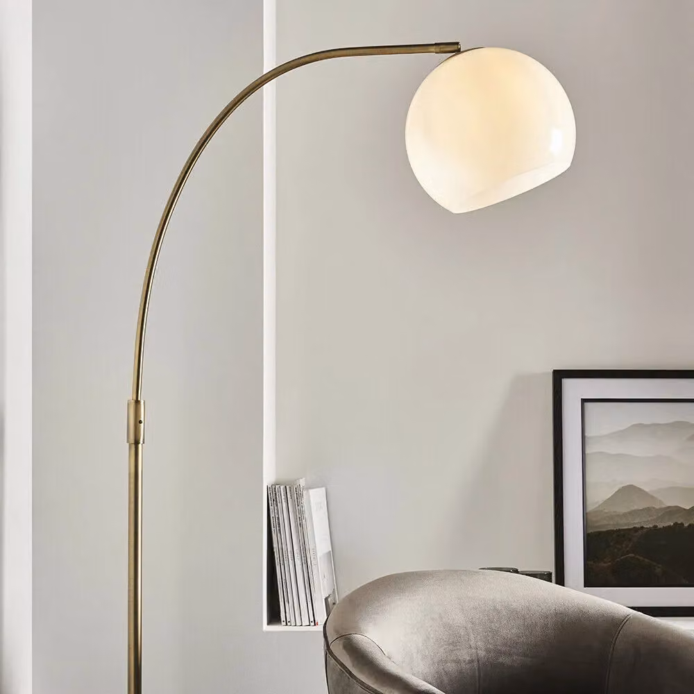 Loops Modern Floor Lamp in Matt Antique Brass and White Opal Glass with E27 Bulb Included – 2
