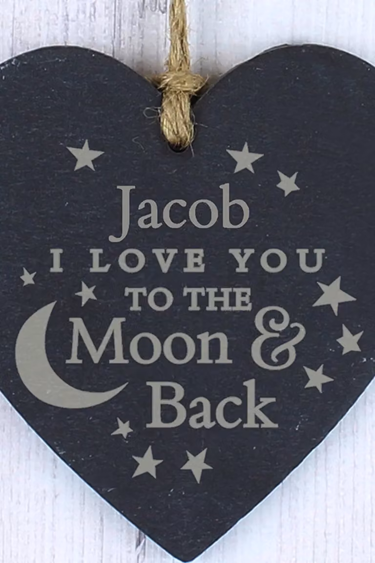 Personalised Memento Company Personalised Engraved Moon and Back Slate Heart Decoration in Black and Gold