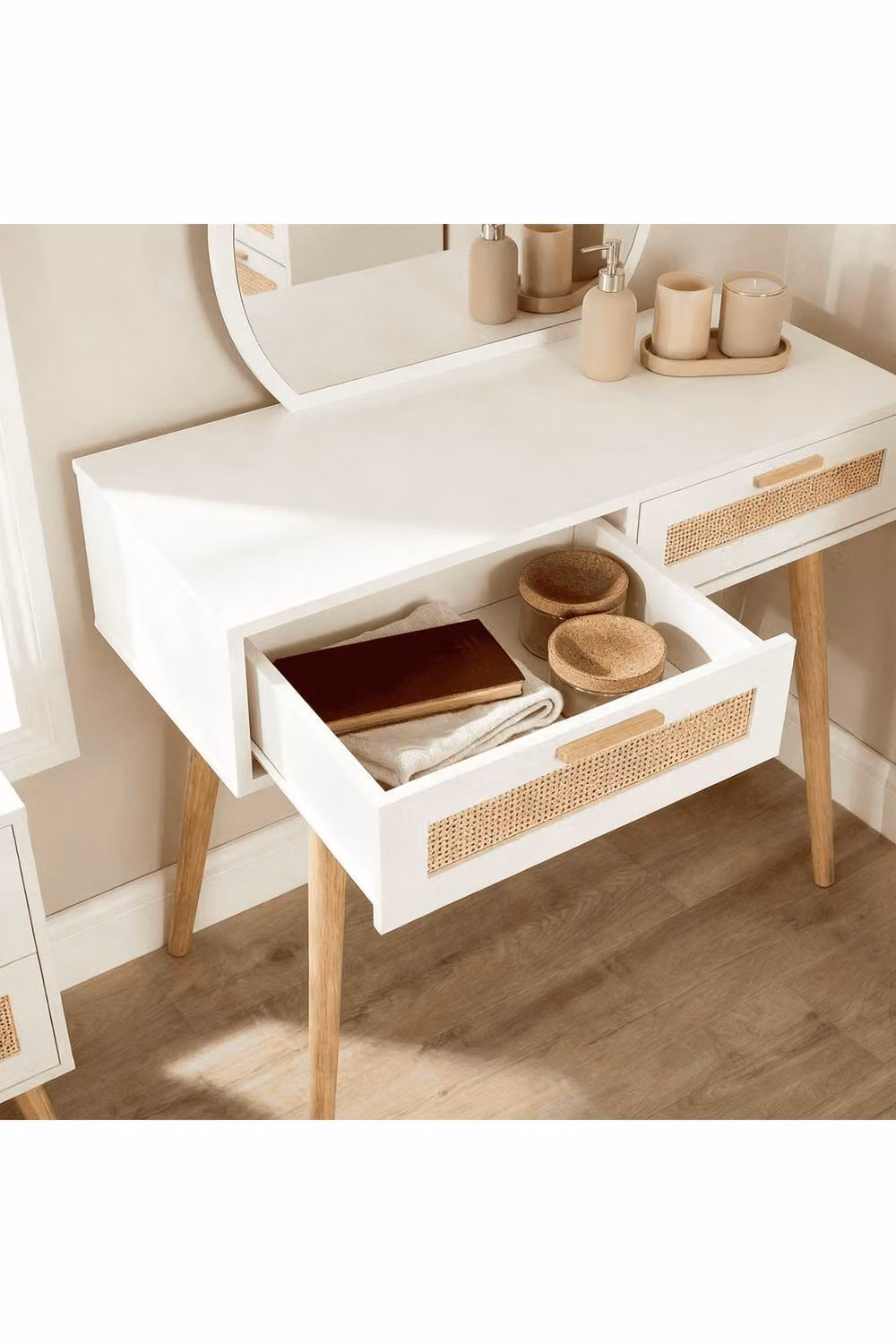 Home Source Dressing Table with Circular Mirror and 2 Rattan Front Drawers in White – 2
