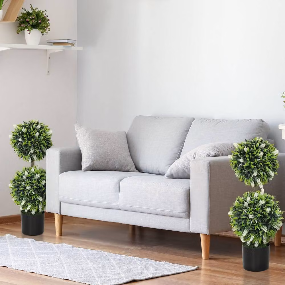 Wyld Haus Kelola Set of 2 Artificial Lavender Ball Trees in White Pots, Height: 70 cm – 6