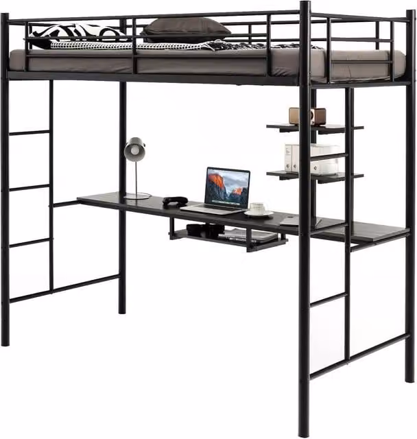 Costway Single Metal Loft Bed Frame High Sleeper with Desk and Storage Shelves, Black – 1