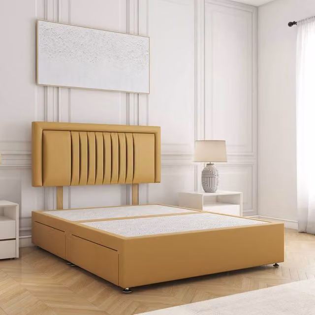 BSSPOKE Canes Divan Bed with 24 inch Plush Headboard and 2 Drawers, Mustard Yellow, King Size W/D/H: 180 x 200 cm