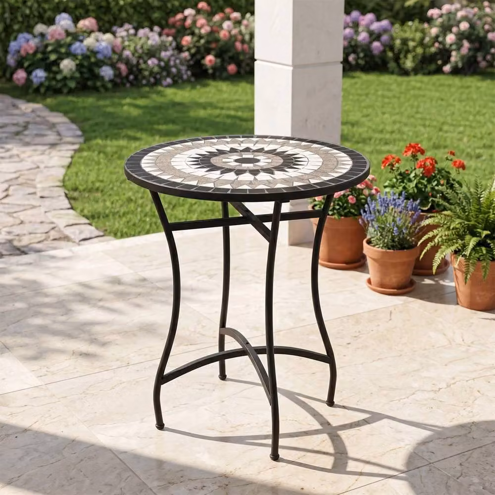 EONLION Modern Round Mosaic Garden Side Table in Black, Diameter: 100 cm – 3