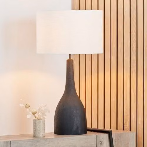 Ruma Mango Wood Curved Table Lamp Base with Black Linen Drum Shade – 1