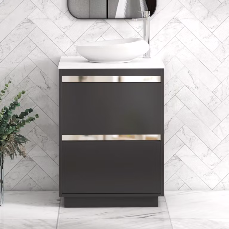 Royal Bathrooms Orion 600mm Matt Obsidian Black Floor Standing 2 Drawer Vanity Unit with Plain White Countertop, Nova Basin and Chrome Accent Trim