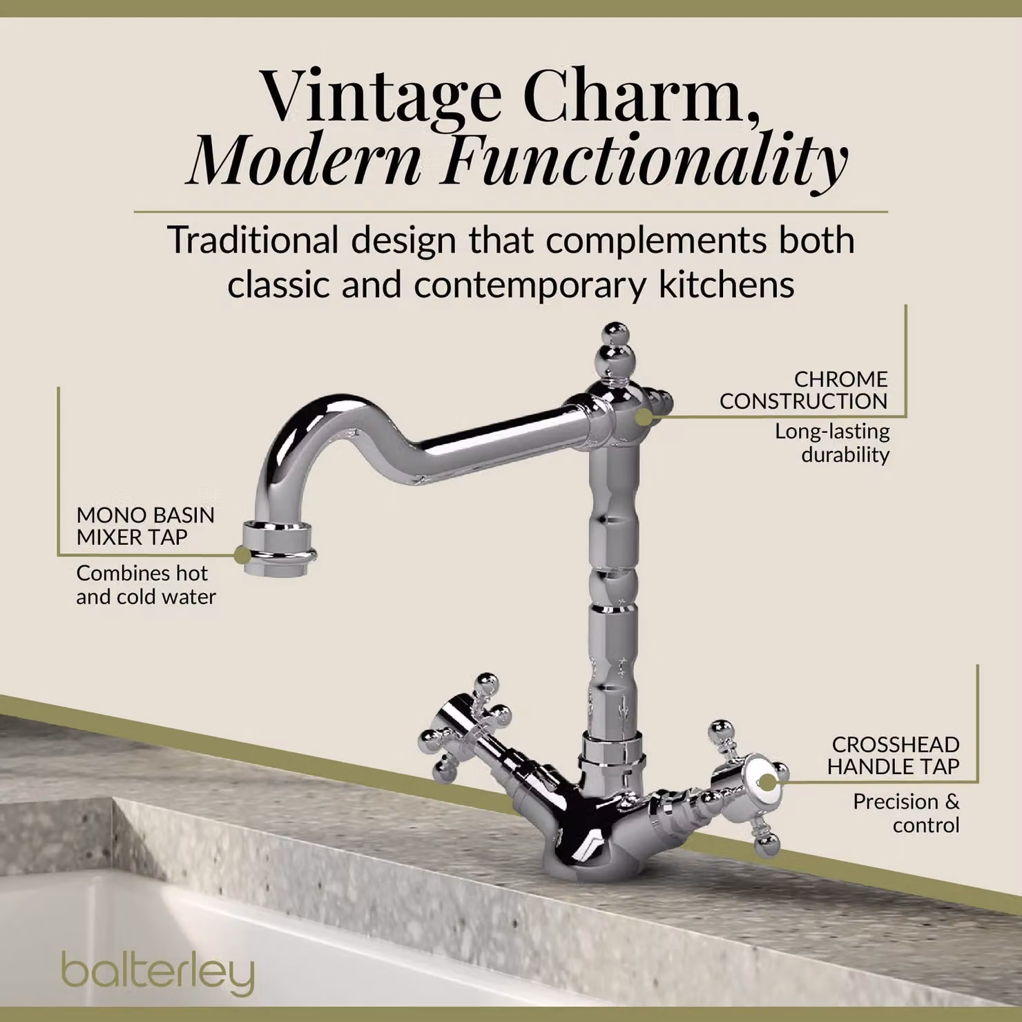 Balterley Traditional French Classic Kitchen Sink Mono Mixer Tap, Chrome/Silver – 2