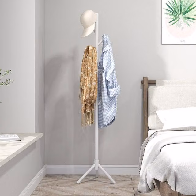 HOMCOM Modern White Tripod Coat Rack Stand with 8 Hooks and Pine Wood Construction