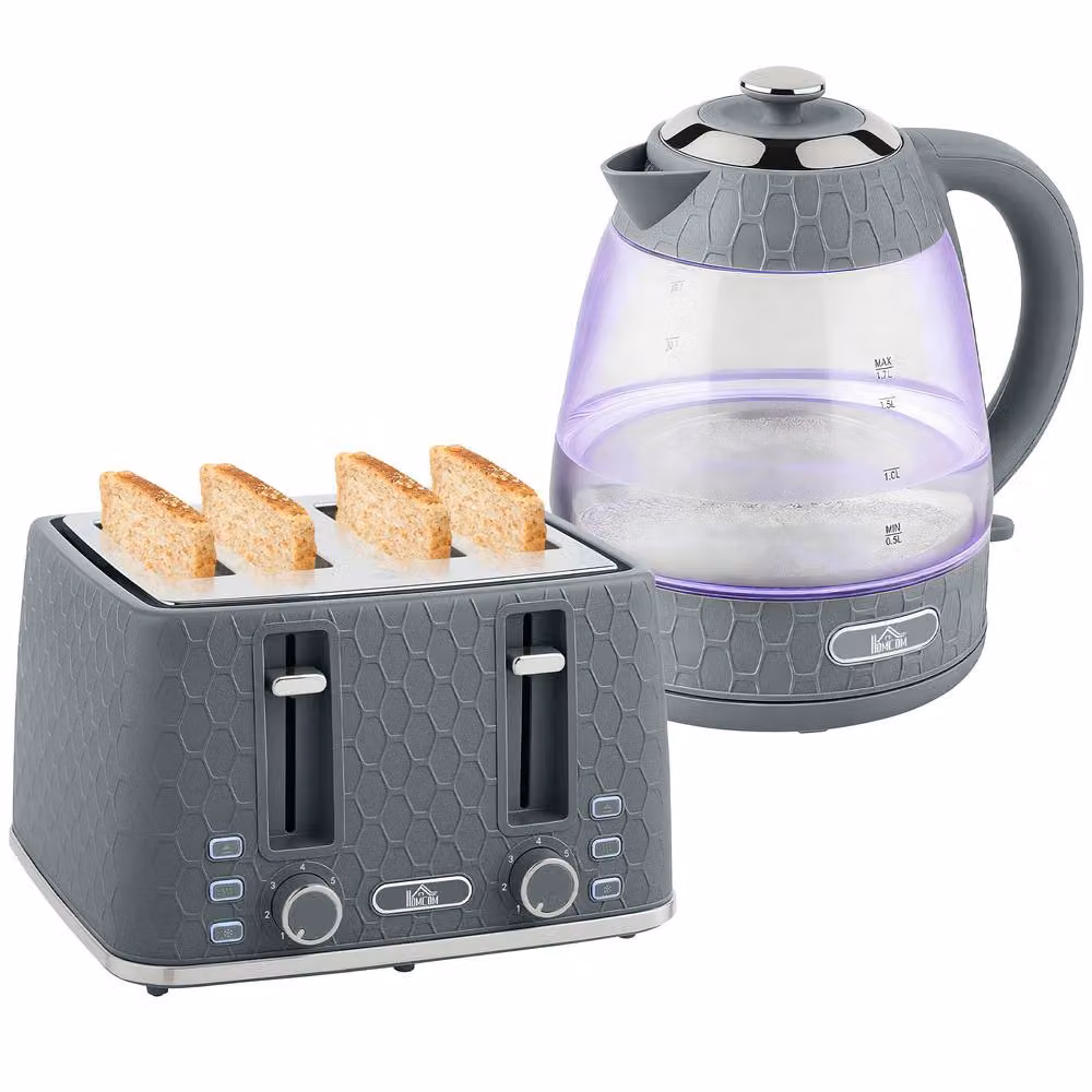 HOMCOM Grey Glass Kettle and Toaster Set – 2