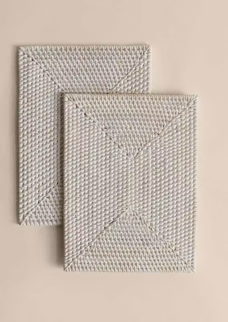 M&S Set of 2 White Rectangular Rustic Rattan Washed Placemats