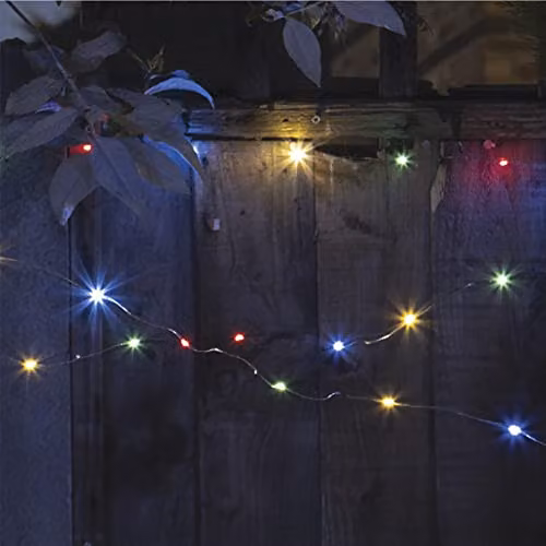 GardenKraft Solar Powered Multicoloured Micro LED Outdoor String Lights with Silver Cord and IP44 Weatherproof Rating