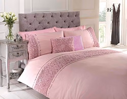 Rapport Home Rapport Raised Rose & Ribbon Floral Duvet Cover and Pillowcase Set, Pink, Grey and White, W: 180 cm, H: 200 cm