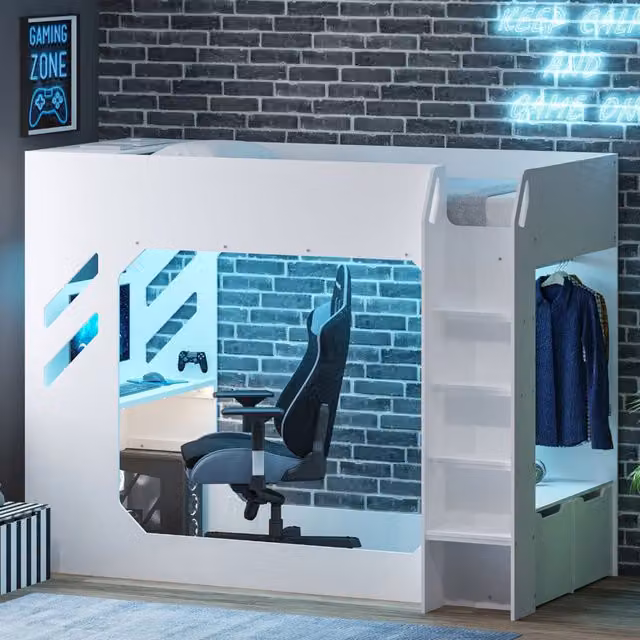 Recoil Shuttle High Sleeper in White with Drawers and Stairs, Small Double (120 x 200 cm)