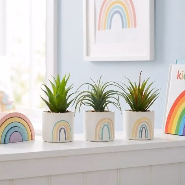 Garden Greatness 3 Pack Multicolour Artificial Succulents in Ceramic Rainbow Pots