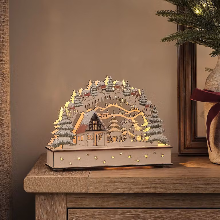 Lights4fun.co.uk Wooden Light Up Christmas Village Tabletop Decoration in Green, Brown and White