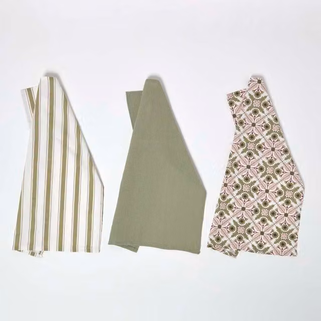 Homescapes Retro Cotton Tea Towels, Set of 3, Green and Pink