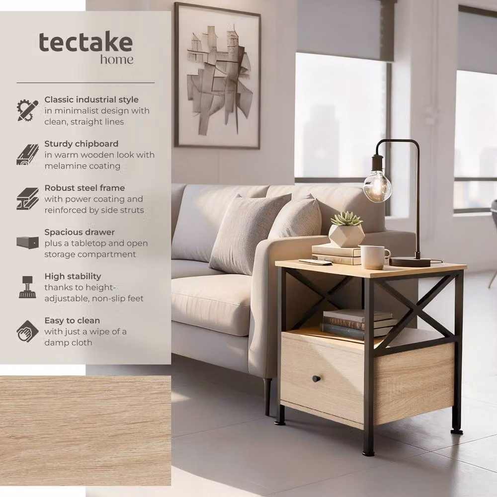 tectake Falkirk Bedside Table with 2 Shelves and 1 Drawer in Light Oak and Brown – 2
