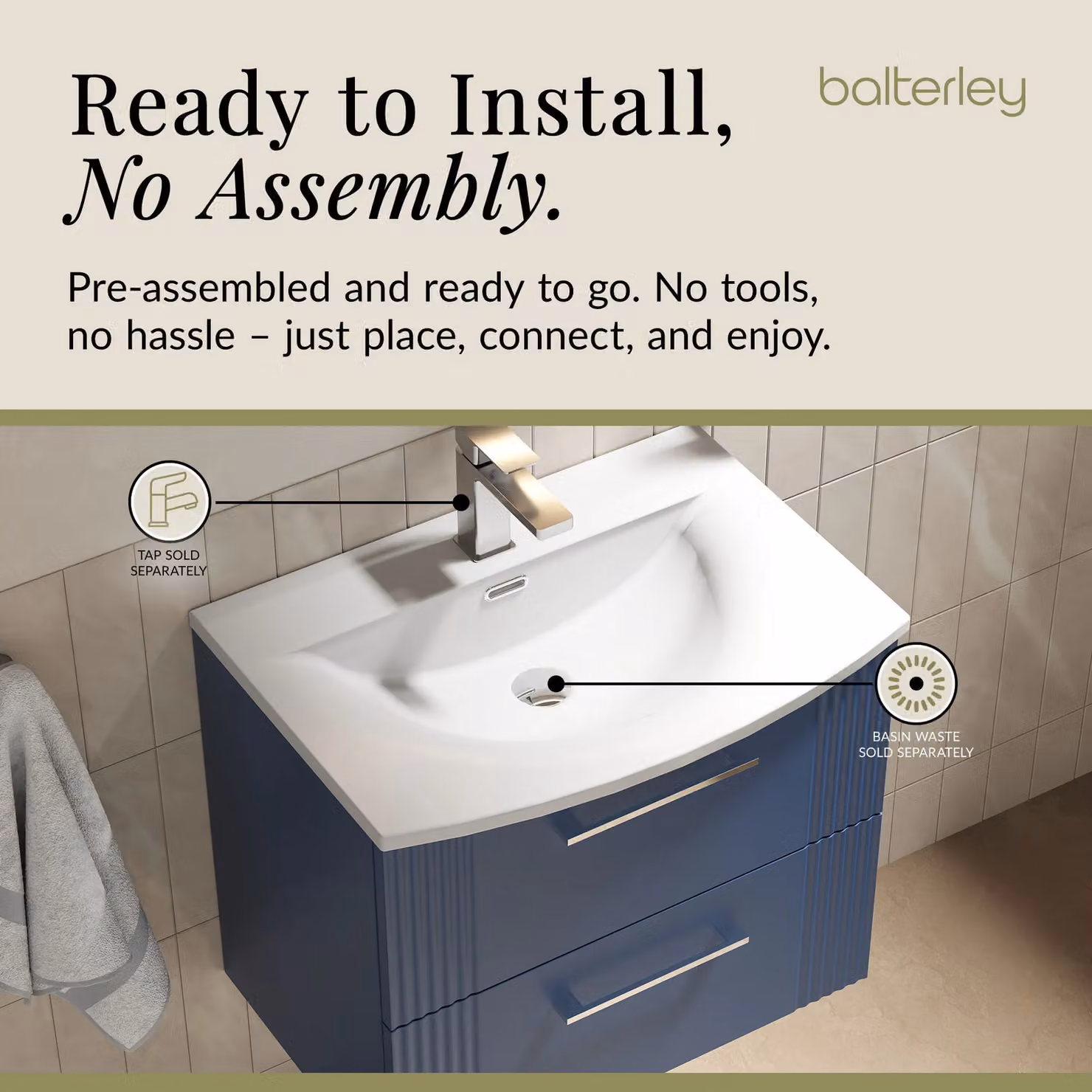 Balterley Wall Hung 2 Drawer Vanity Unit with Curved Basin, Satin Blue, W: 60 cm, D: 53 cm, H: 60 cm – 4