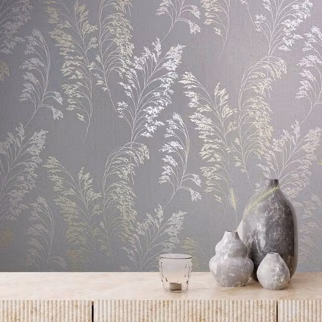 Galerie Olio Elegant Botanical Floral Wallpaper in Grey, Silver, Petrol and Gold