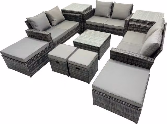Fimous Lounge Double Seat Sofa Coffee Table Set with 2 Side Tables and 4 Stools in Dark Grey