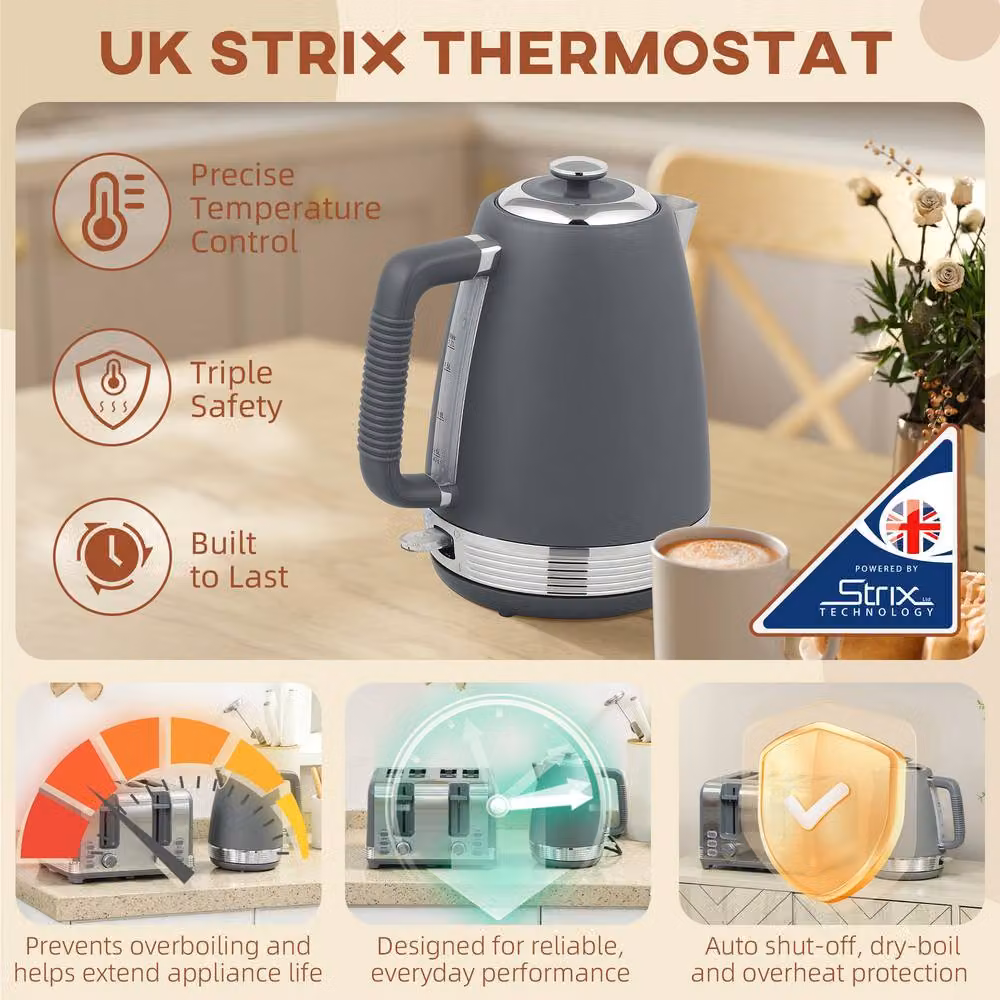 STILVORA Kettle and 4 Slice Toaster Set in Grey and Silver Stainless Steel, 1.7L, 3000W – 3