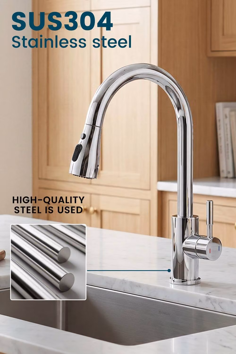 JANLEMNY Silver Kitchen Mixer Tap with Pull-Out Sprayer, 360 Degree Swivel Spout and Single Lever Control, W: 1000 mm, D: 400 mm – 6