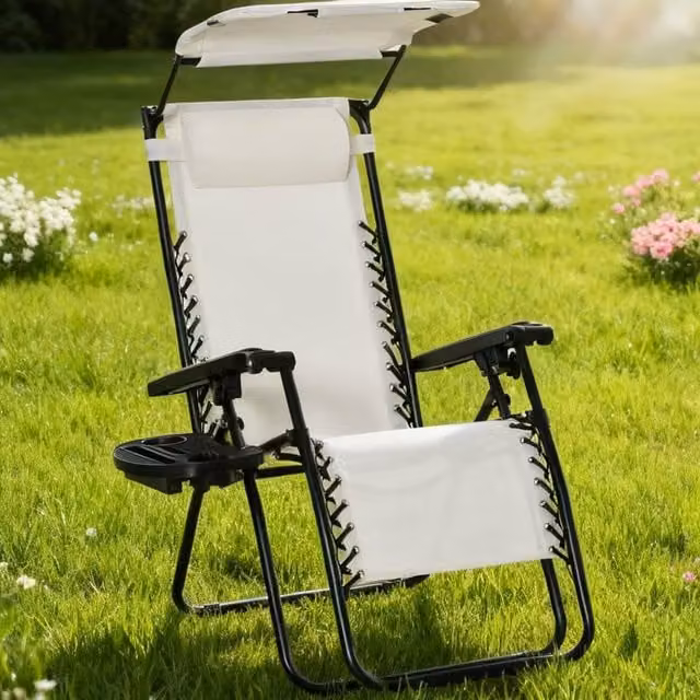 ERGOVEXA Zero Gravity Garden Folding Patio Sun Lounger with Cup Holder, White