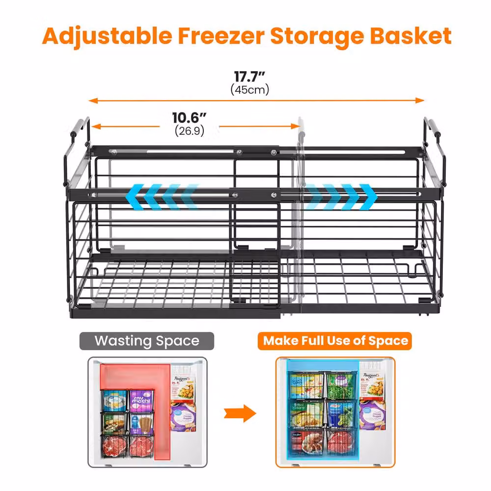 Blylund 2 Pack Adjustable Stackable Chest Freezer Organiser Baskets in Black Metal – 2