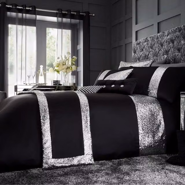 Smart Living Glamour Duvet Cover and Pillowcase Set, Black, 140 x 200 cm