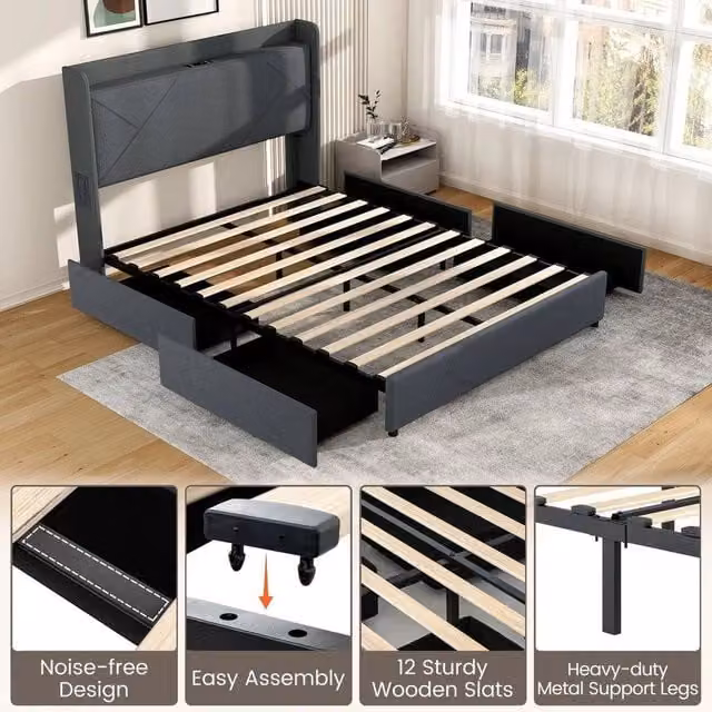 KORVIXA King Size Upholstered Fabric Platform Bed Frame in Grey with Under-Bed Lighting and Side Compartments, W/D/H: 180 x 200 cm – 1