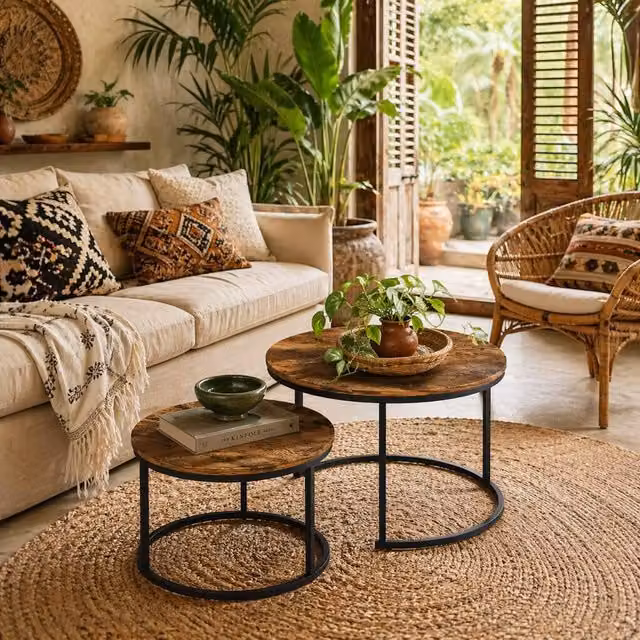 Wyld Haus Kefa Dimi Set of 2 Round Nesting Tables in Rustic Brown Wood Effect – 1