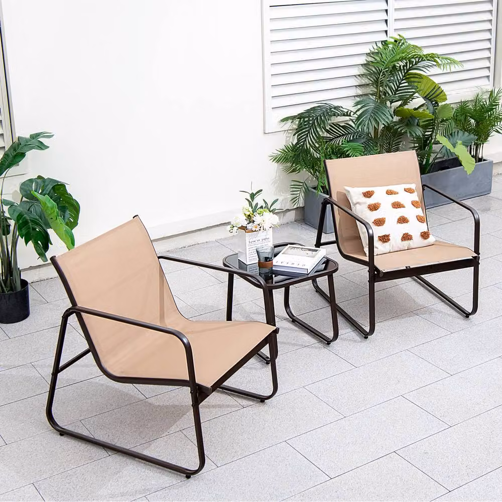 Gymax 3 Piece Brown Metal Patio Conversation Set with Tempered Glass Table and Textilene Armchairs – 3