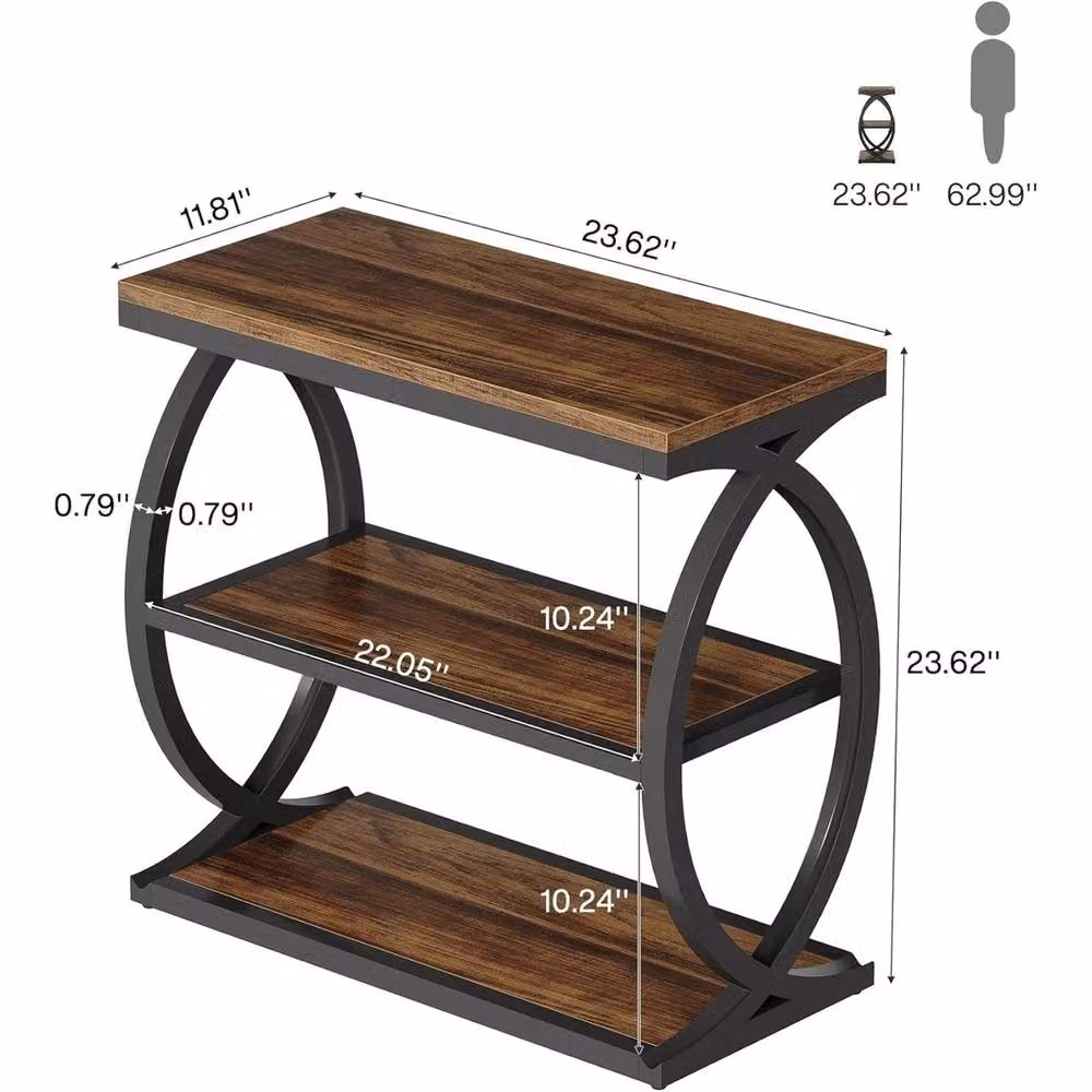VOGREX Industrial 3-Tier Narrow Wooden Side Table and Nightstand in Brown and Black – 2